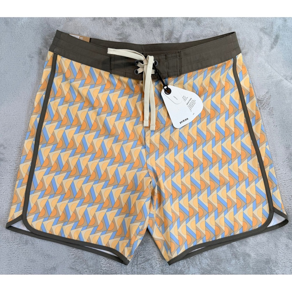 NWT PrAna Mens Vintage 7" Inseam Board Short Aura Glow Retro Geo Tan 28